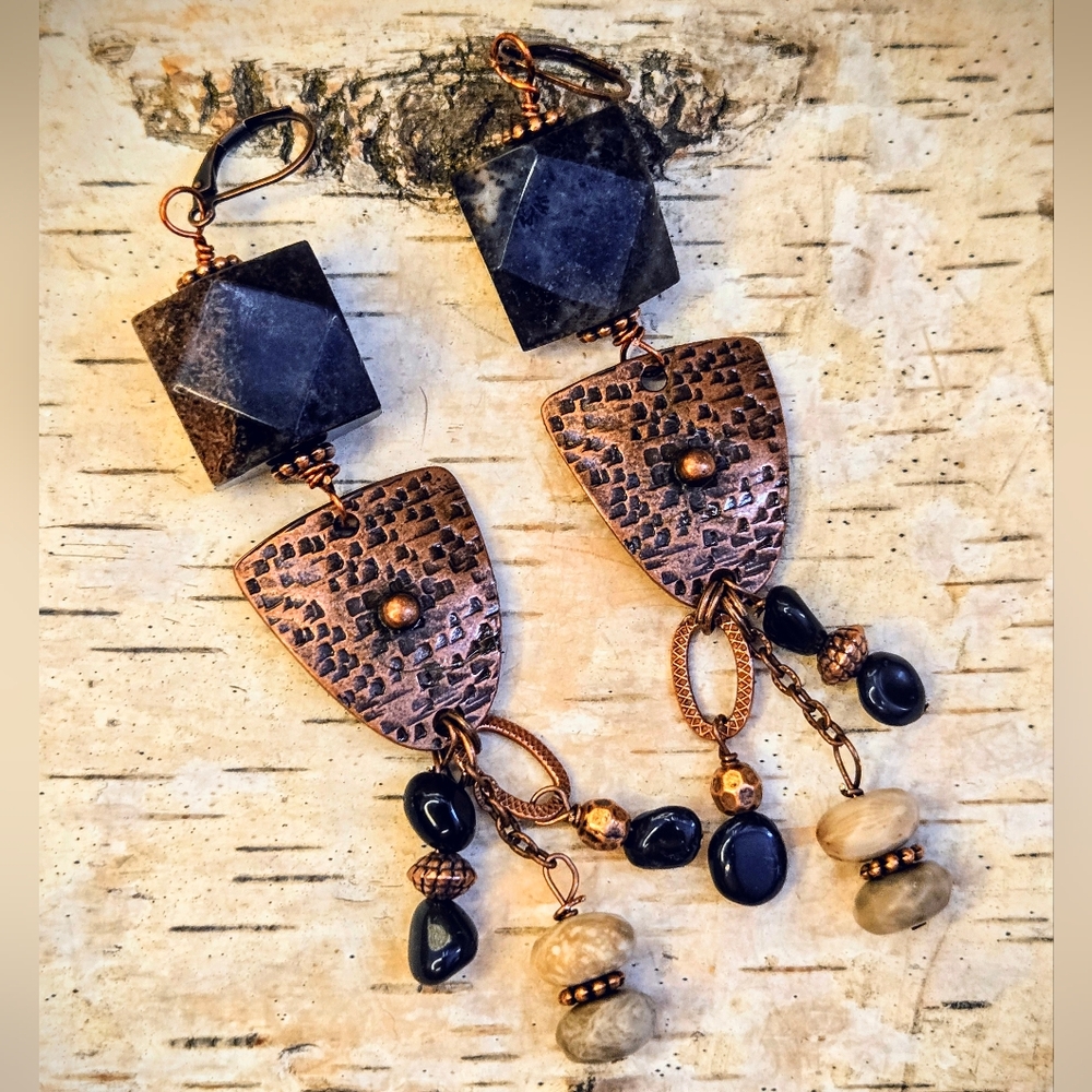 Ancient Sumerian Mystic's Black Chrysanthemum Agate & Obsidian In  Long Earrings